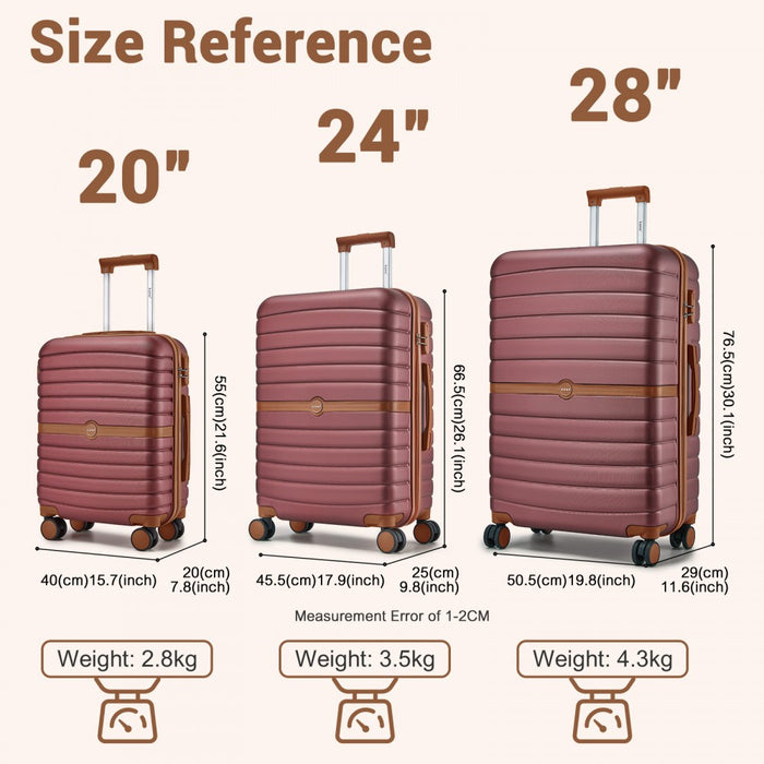 3-Piece Striped Design with Colour-Block Details ABS+PC Hard Shell Luggage Set – Burgundy and Brown