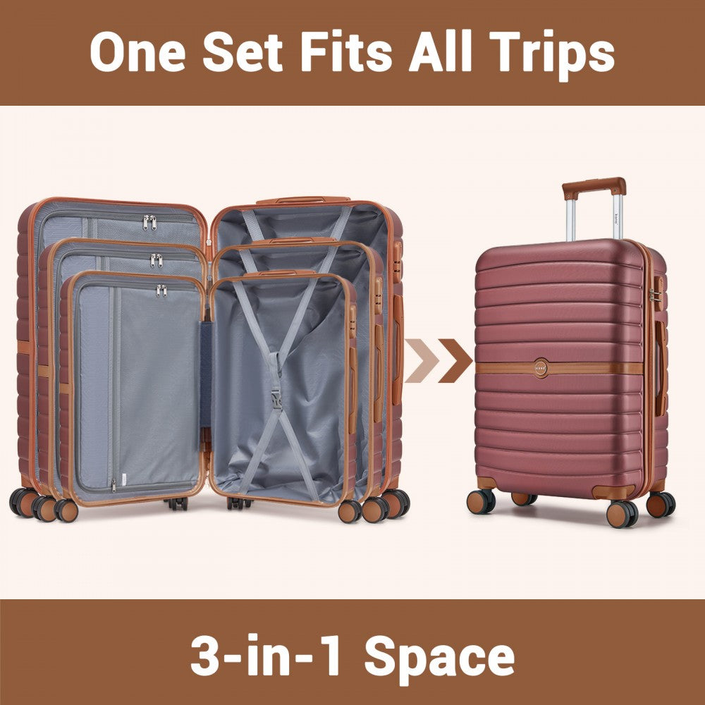 3-Piece Striped Design with Colour-Block Details ABS+PC Hard Shell Luggage Set – Burgundy and Brown