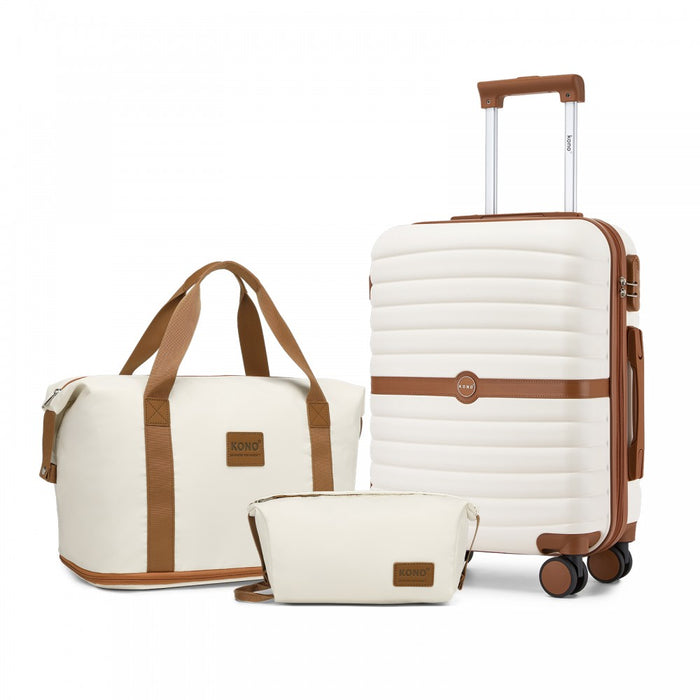 ABS+PC Hard Shell Cabin Suitcase Set with Travel Bag and Toiletry Pouch – 20-Inch – Cream and Brown