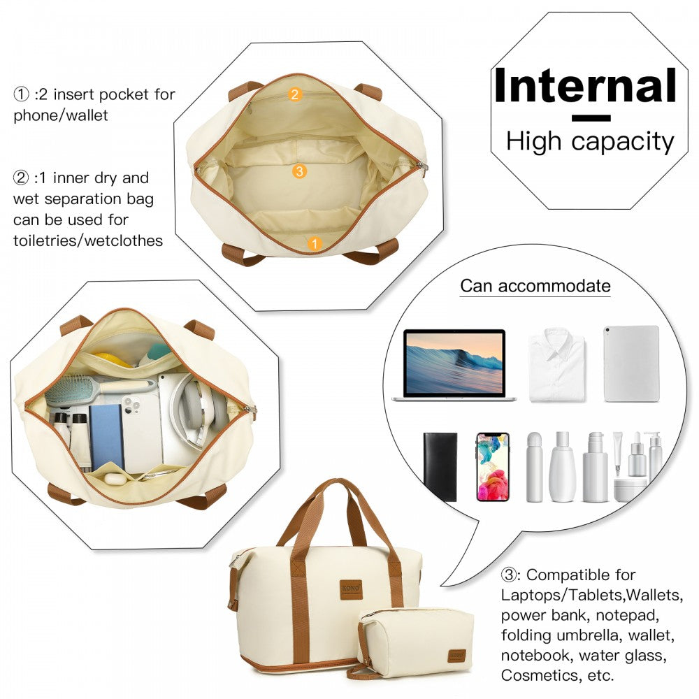 Large ABS+PC Hard Shell Suitcase Set with Travel Bag and Toiletry Pouch – 28-Inch – Cream and Brown
