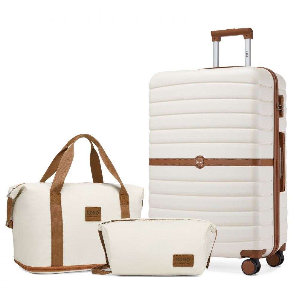 Large ABS+PC Hard Shell Suitcase Set with Travel Bag and Toiletry Pouch – 28-Inch – Cream and Brown