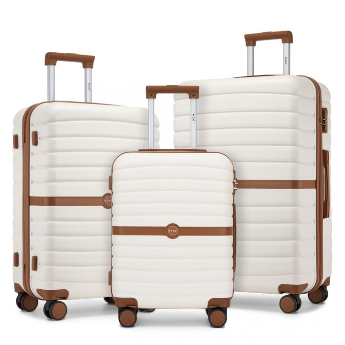 3-Piece Striped Design with Colour-Block Details ABS+PC Hard Shell Luggage Set – Cream and Brown