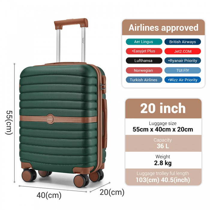 ABS+PC Hard Shell Cabin Suitcase Set with Travel Bag and Toiletry Pouch – 20-Inch – Dark Green and Brown