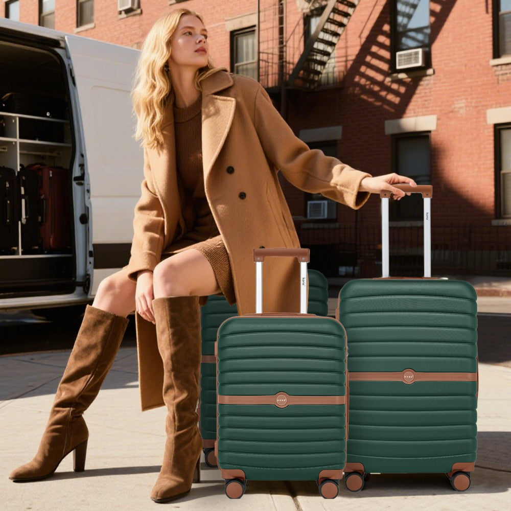 ABS+PC Striped Design with Colour-Block Details Large Checked Luggage – 28-Inch – Dark Green and Brown