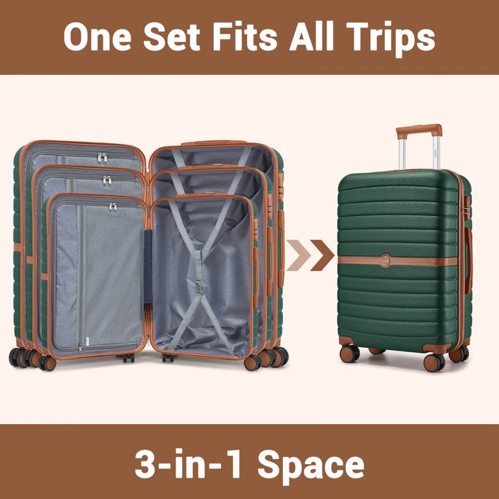 3-Piece ABS+PC Suitcase Set with Travel Bag and Toiletry Pouch – Dark Green and Brown