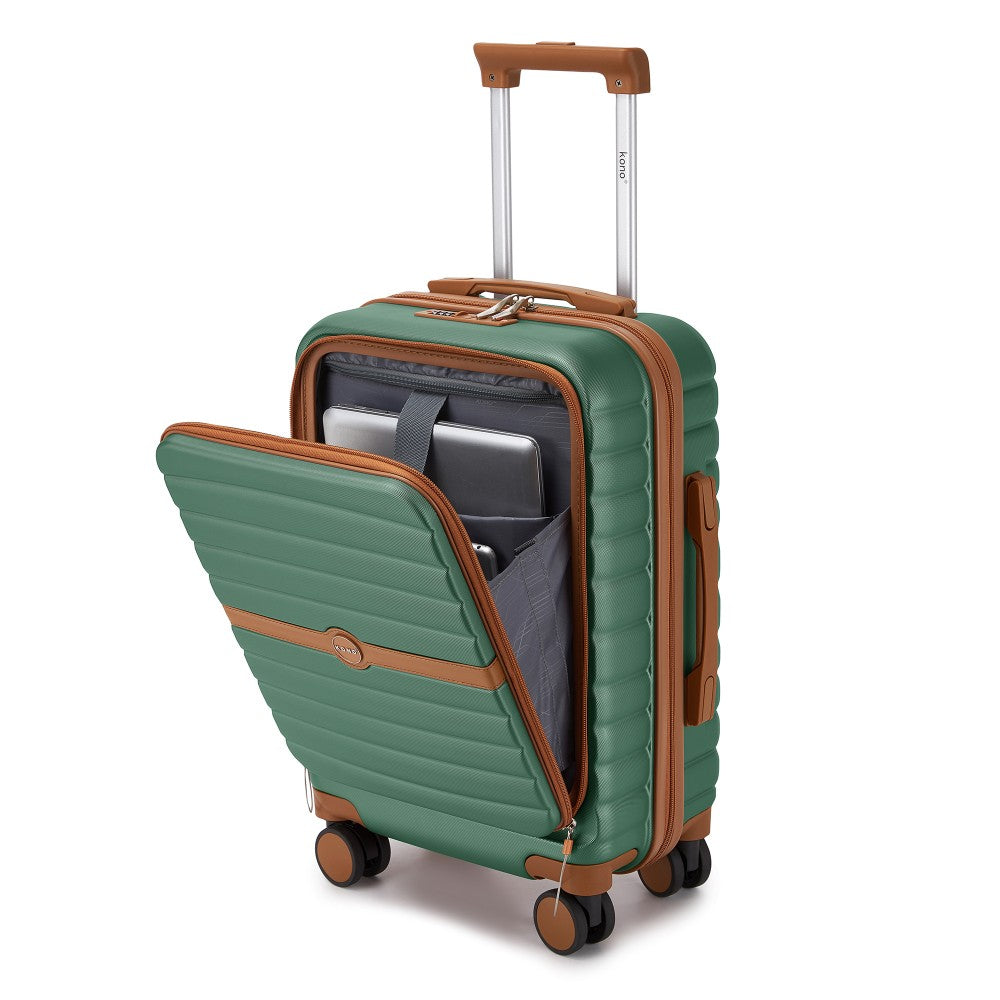 Front-Opening Cabin Suitcase with 15.6-Inch Laptop Compartment – 21-Inch – Green and Brown