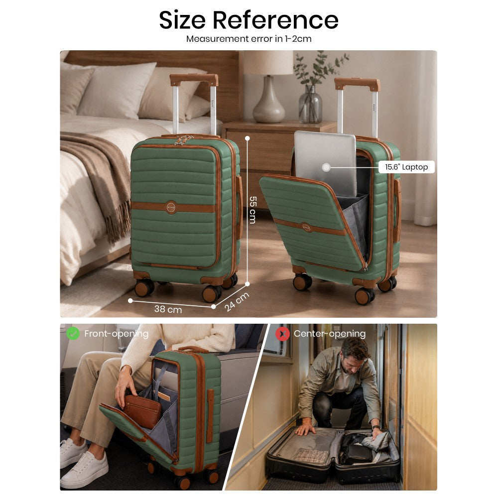 Front-Opening Cabin Suitcase with 15.6-Inch Laptop Compartment – 21-Inch – Green and Brown