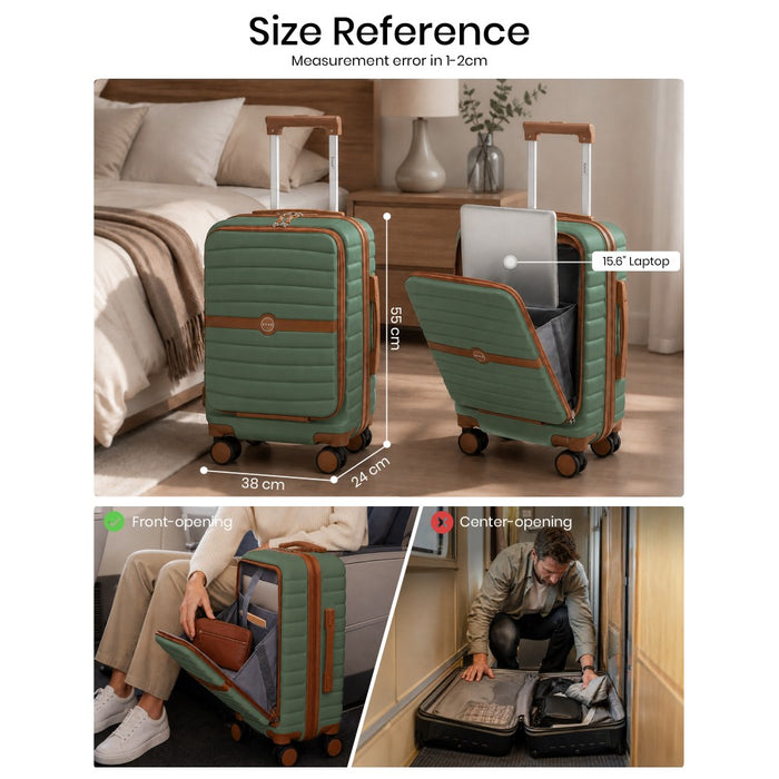 Front-Opening Cabin Suitcase with 15.6-Inch Laptop Compartment – 21-Inch – Green and Brown