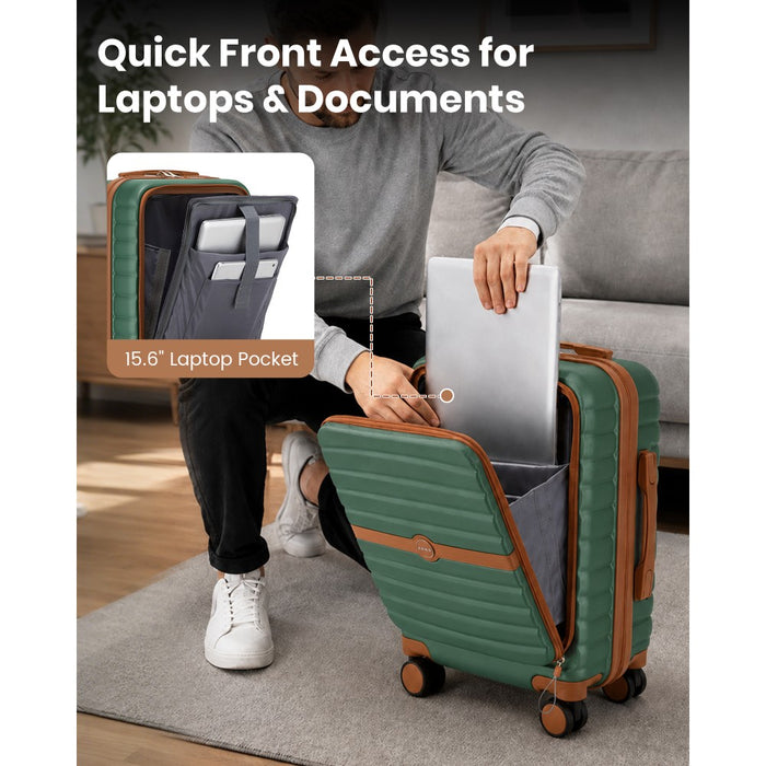 Front-Opening Cabin Suitcase with 15.6-Inch Laptop Compartment – 21-Inch – Green and Brown