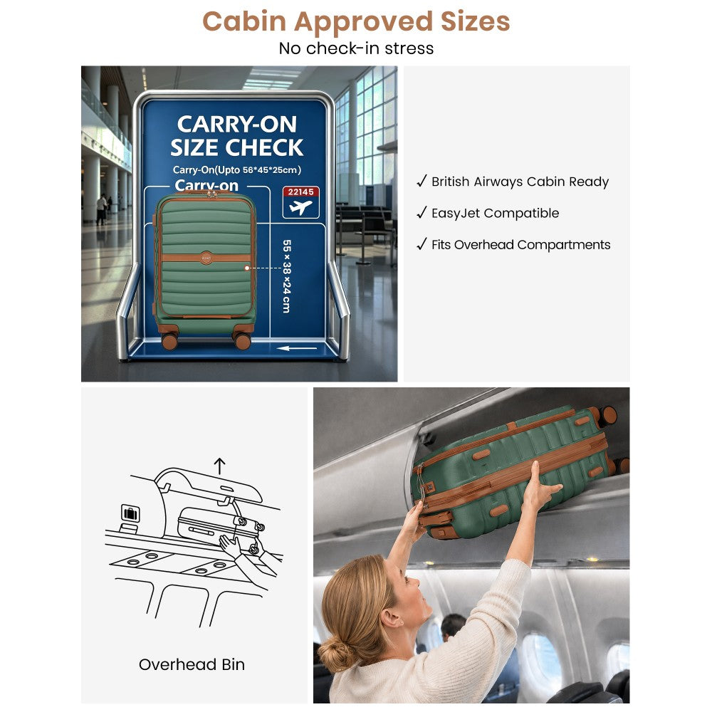 Front-Opening Cabin Suitcase with 15.6-Inch Laptop Compartment – 21-Inch – Green and Brown