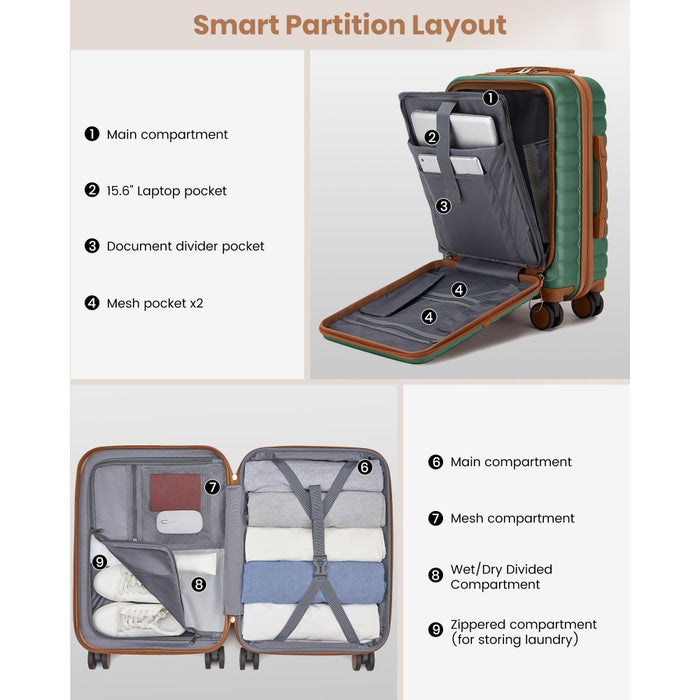 Front-Opening Cabin Suitcase with 15.6-Inch Laptop Compartment – 21-Inch – Green and Brown