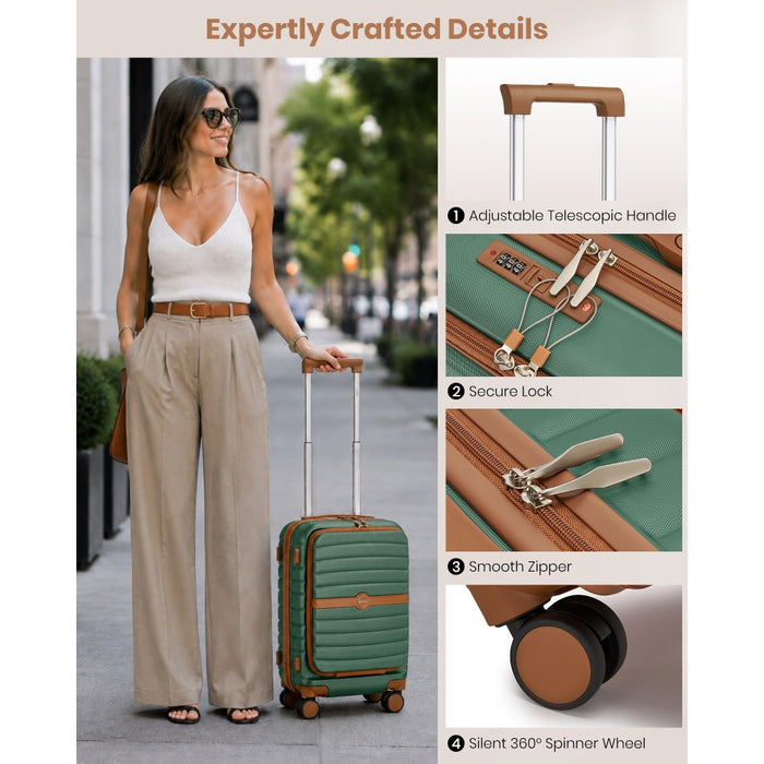 Front-Opening Cabin Suitcase with 15.6-Inch Laptop Compartment – 21-Inch – Green and Brown