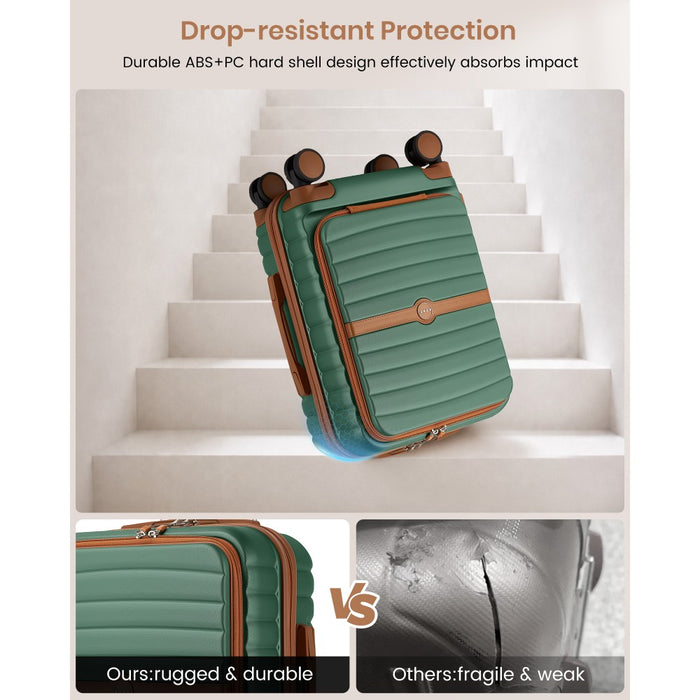 Front-Opening Cabin Suitcase with 15.6-Inch Laptop Compartment – 21-Inch – Green and Brown