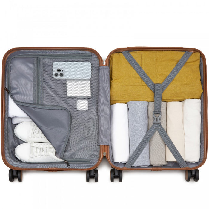 ABS+PC Striped Design with Colour-Block Details Carry-On Cabin Suitcase – 20-Inch – Grey and Brown