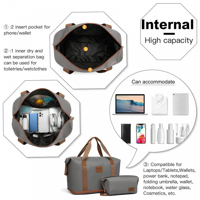 3-Piece ABS+PC Suitcase Set with Travel Bag and Toiletry Pouch – Grey and Brown