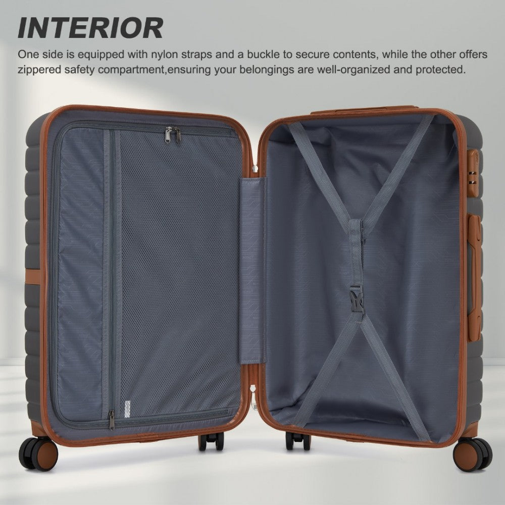 3-Piece Striped Design with Colour-Block Details ABS+PC Hard Shell Luggage Set – Grey and Brown