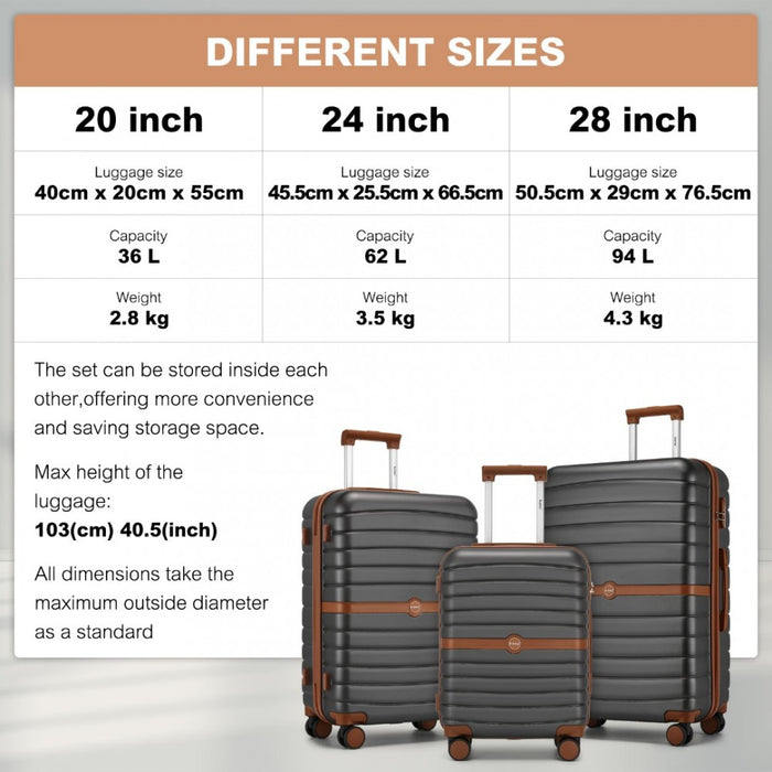 3-Piece Striped Design with Colour-Block Details ABS+PC Hard Shell Luggage Set – Grey and Brown