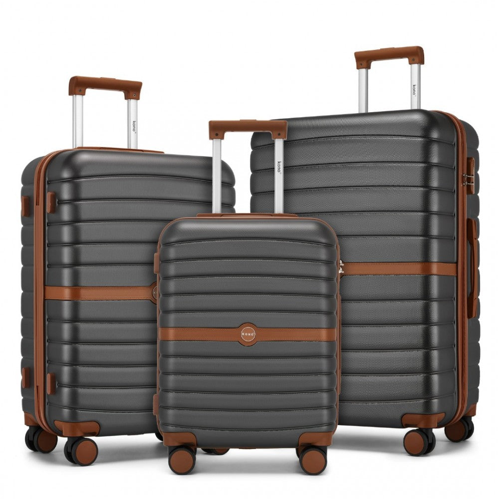 3-Piece Striped Design with Colour-Block Details ABS+PC Hard Shell Luggage Set – Grey and Brown