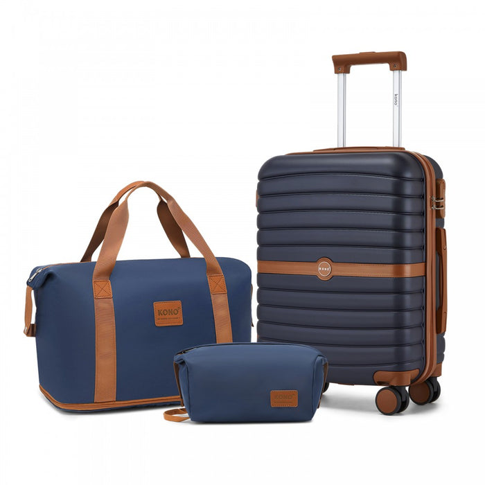 ABS+PC Hard Shell Cabin Suitcase Set with Travel Bag and Toiletry Pouch – 20-Inch – Navy and Brown