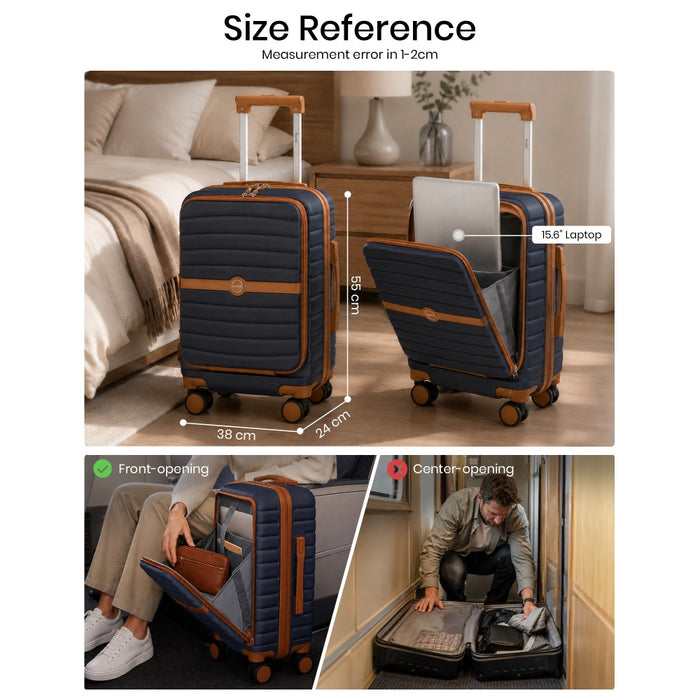 Front-Opening Cabin Suitcase with 15.6-Inch Laptop Compartment – 21-Inch – Navy and Brown