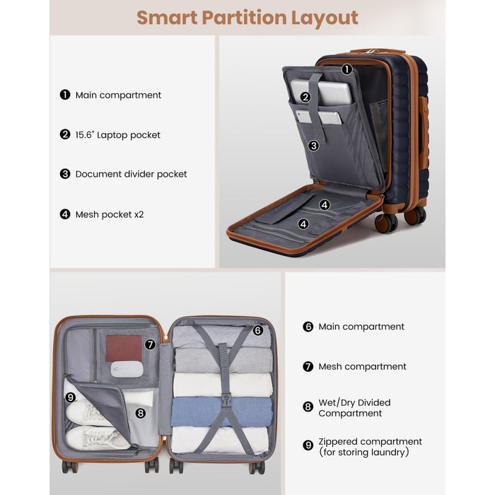 Front-Opening Cabin Suitcase with 15.6-Inch Laptop Compartment – 21-Inch – Navy and Brown