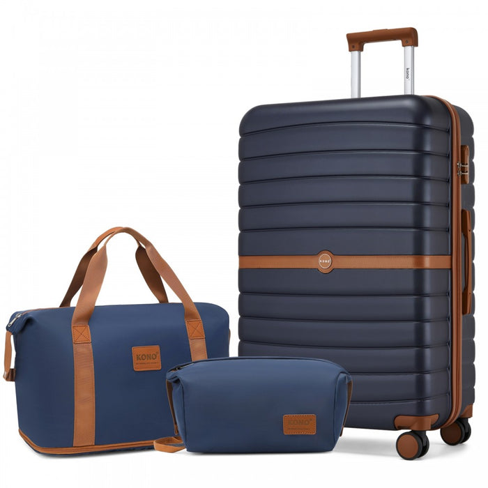 Large ABS+PC Hard Shell Suitcase Set with Travel Bag and Toiletry Pouch – 28-Inch – Navy and Brown