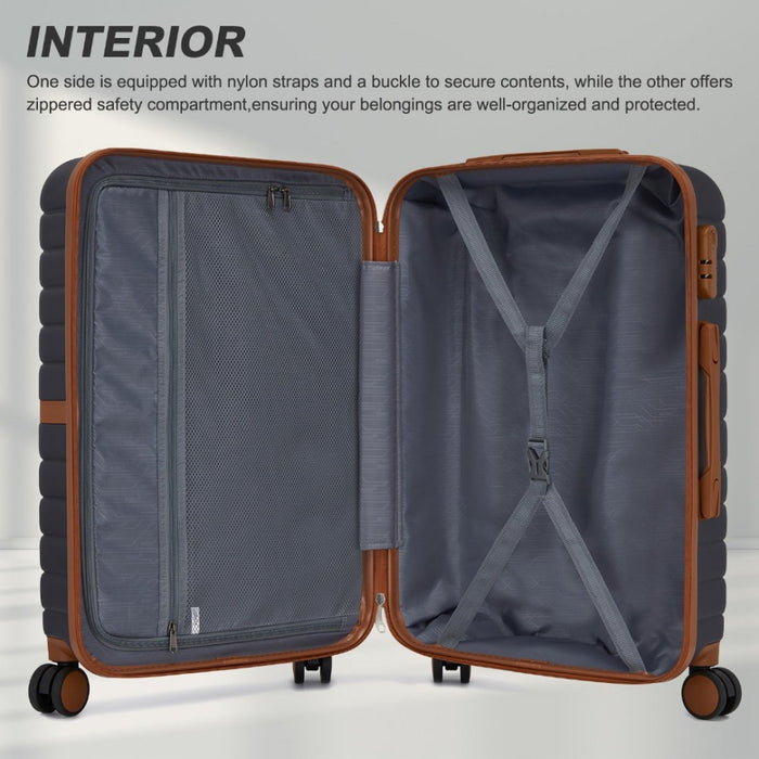 3-Piece Striped Design with Colour-Block Details ABS+PC Hard Shell Luggage Set – Navy and Brown