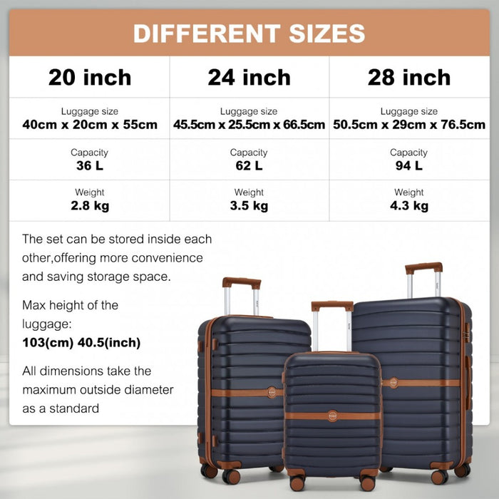 3-Piece Striped Design with Colour-Block Details ABS+PC Hard Shell Luggage Set – Navy and Brown