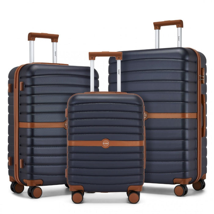 3-Piece Striped Design with Colour-Block Details ABS+PC Hard Shell Luggage Set – Navy and Brown