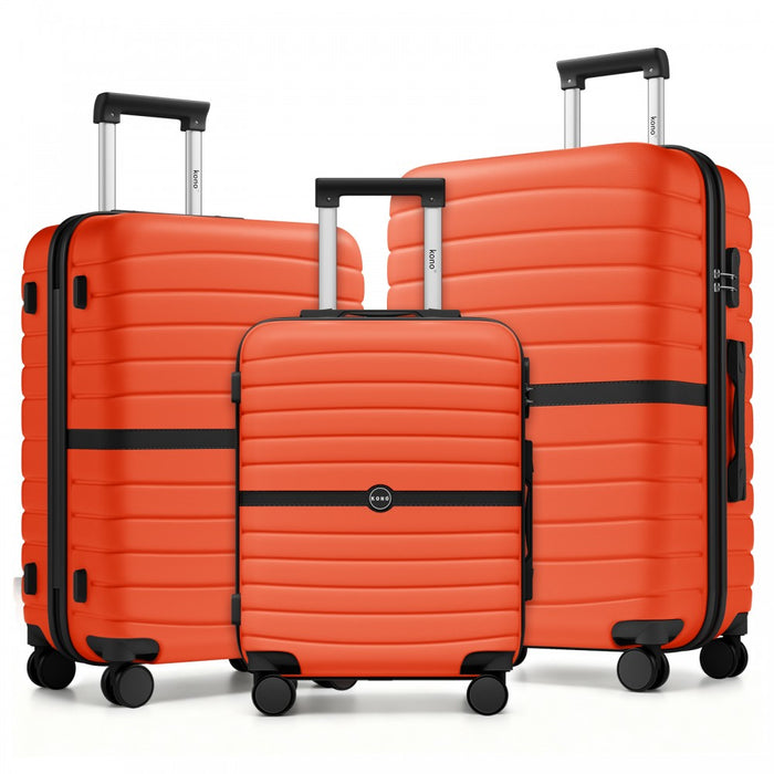 3-Piece Striped Design with Colour-Block Details ABS+PC Hard Shell Luggage Set – Orange and Black