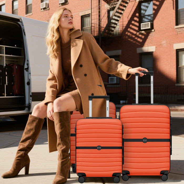 3-Piece Striped Design with Colour-Block Details ABS+PC Hard Shell Luggage Set – Orange and Black