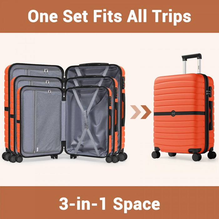 3-Piece Striped Design with Colour-Block Details ABS+PC Hard Shell Luggage Set – Orange and Black