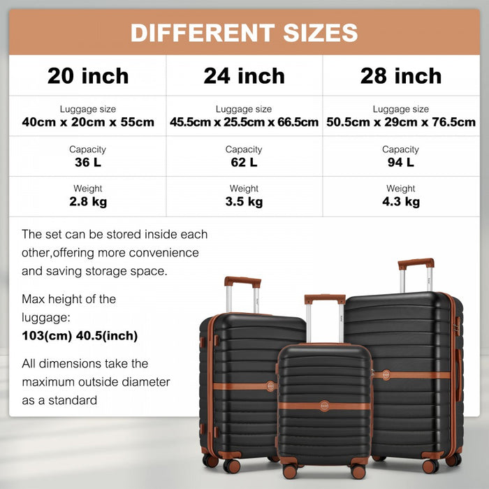 3-Piece ABS+PC Suitcase Set with Travel Bag and Toiletry Pouch – Black and Brown