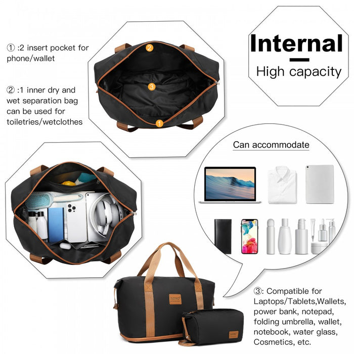 3-Piece ABS+PC Suitcase Set with Travel Bag and Toiletry Pouch – Black and Brown