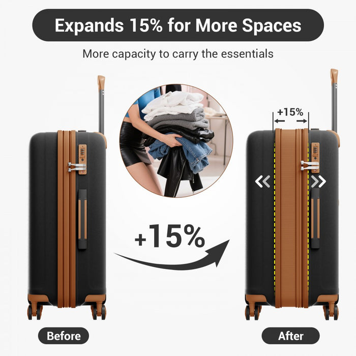 KSK2594 - Kono PP 20/24/28inch Hard Shell Expandable Luggage–Lightweight Suitcase with TSA Lock & Built-in Cup Holder - Black and Brown
