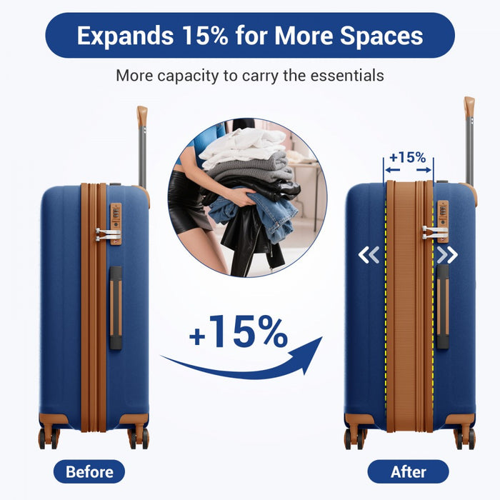 PP Hard Shell Expandable Luggage – 24-Inch – Lightweight Suitcase with TSA Lock and Built-In Cup Holder – Navy and Brown