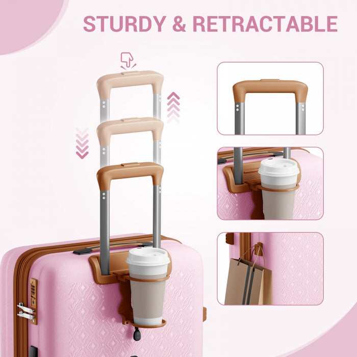 PP Hard Shell Expandable Luggage – 28-Inch – Lightweight Suitcase with TSA Lock and Built-In Cup Holder – Pink and Brown