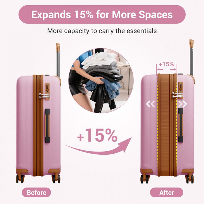 KSK2594 - Kono PP 20/24/28inch Hard Shell Expandable Luggage–Lightweight Suitcase with TSA Lock & Built-in Cup Holder - Pink and Brown