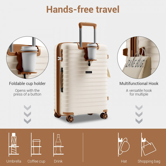 KSK2595 - Kono 28-Inch Hard Shell Scratch-Resistant PP Luggage with Cup Holder, TSA Lock & Expandable Design-Check-in Luggage For Travel - Beige and Brown