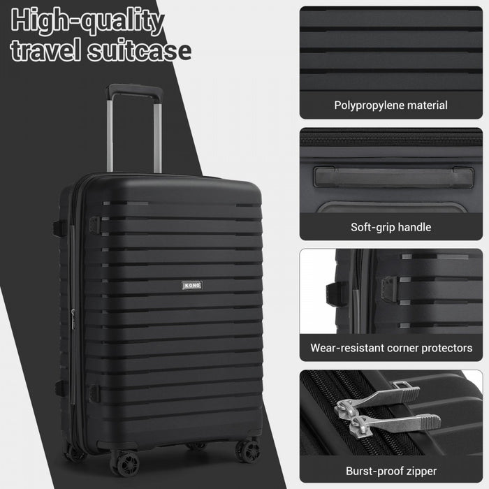 KSK2595 - Kono 20-Inch Hard Shell Scratch-Resistant PP Luggage with Cup Holder, TSA Lock & Expandable Design-Cabin Trolley For Travel - Black