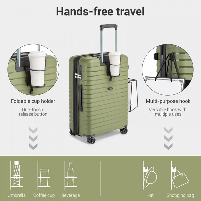 KSK2595 - Kono 24-Inch Hard Shell Scratch-Resistant PP Luggage with Cup Holder, TSA Lock & Expandable Design-Check-in Luggage For Travel - Green
