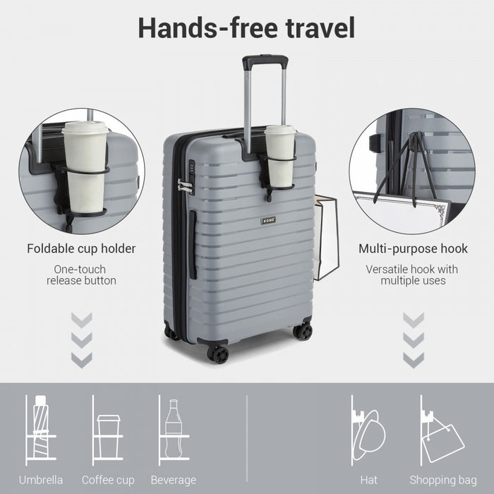 KSK2595 - Kono 24-Inch Hard Shell Scratch-Resistant PP Luggage with Cup Holder, TSA Lock & Expandable Design-Check-in Luggage For Travel - Grey