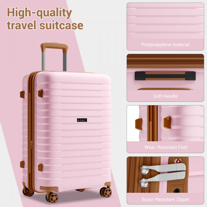 KSK2595 - Kono 28-Inch Hard Shell Scratch-Resistant PP Luggage with Cup Holder, TSA Lock & Expandable Design-Check-in Luggage For Travel - Pink and Brown