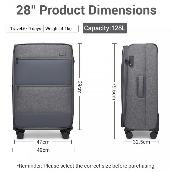 Tough Travel Soft Shell Suitcase with Silent TPE Spinners, Expandable Capacity – 28-Inch – Grey