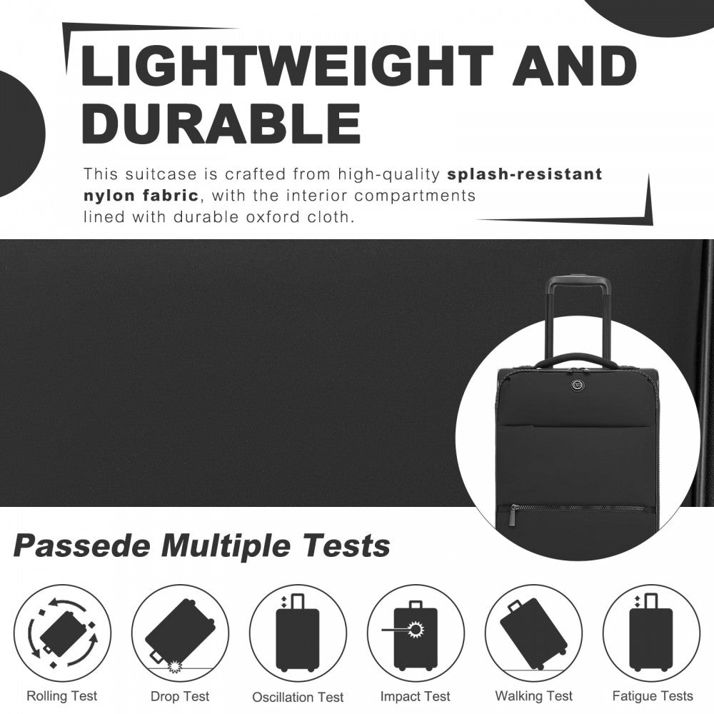 Women's Lightweight Soft Shell Suitcase with Spinner Wheels and Compartments – 20-Inch – Black