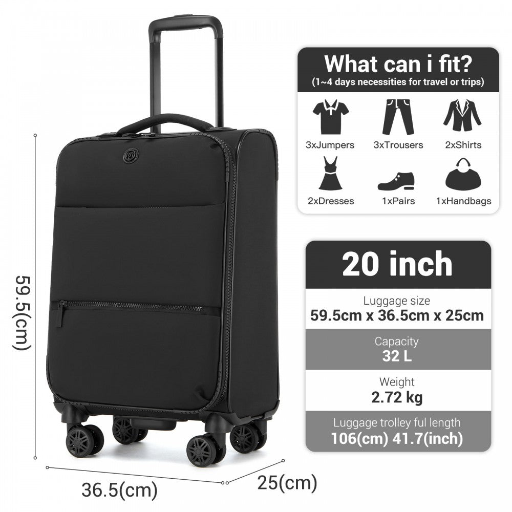 Women's Lightweight Soft Shell Suitcase with Spinner Wheels and Compartments – 20-Inch – Black