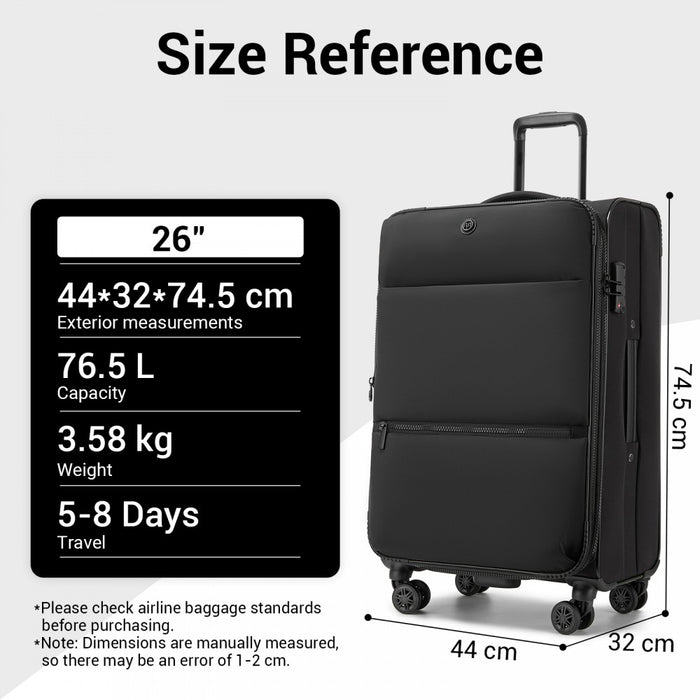 3-Piece Soft Shell Expandable Luggage Set, Suitcase with Organised Interior – 20/26/30-Inch – Black