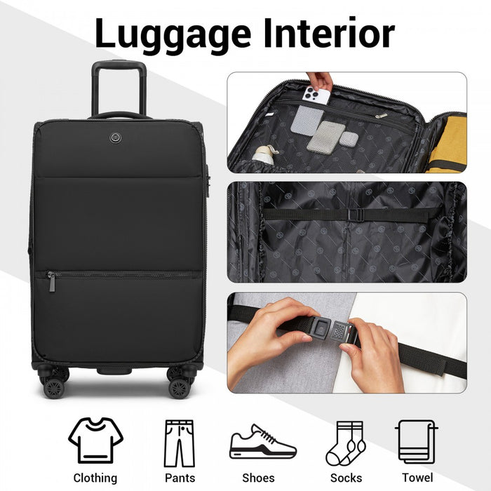 Women's Lightweight Soft Shell Suitcase with Spinner Wheels and Compartments – 26-Inch – Black