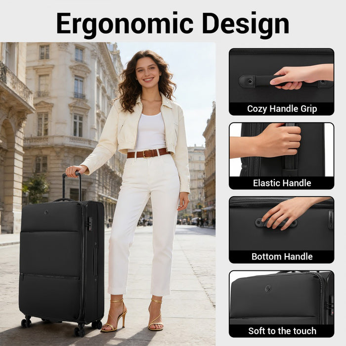 3-Piece Soft Shell Expandable Luggage Set, Suitcase with Organised Interior – 20/26/30-Inch – Black