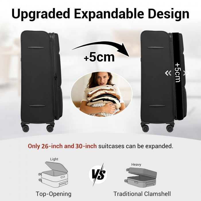 Women's Lightweight Soft Shell Suitcase with Spinner Wheels and Compartments – 26-Inch – Black